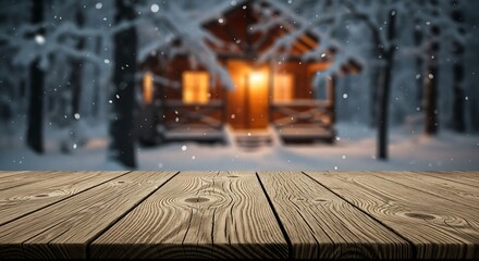 Winter cabin with lights in snowy forest and wooden table foreground