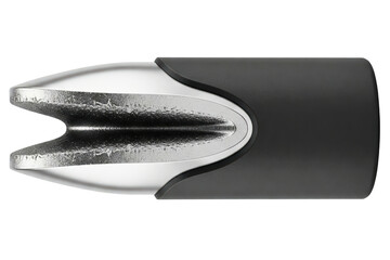 Close-up of a metal cherry and olive pitter kitchen utensil isolated on a transparent background