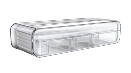 Close up shot of a clear plastic storage box with multiple compartments on a black background