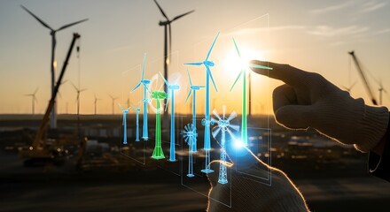 Futuristic wind turbines with digital hologram overlay representing renewable energy innovation