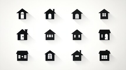 Collection of Black House Icons with Shadows on White Background for Real Estate or Home Design