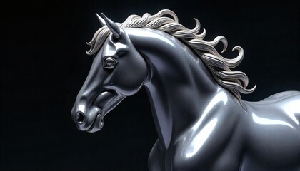Close-up of Silver Chrome Horse Sculpture Head and Mane