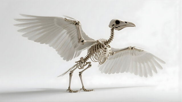 Ultra-realistic image of a bird skeleton with wings extended, showing detailed bone structure and feathers in a clean, minimal, and bright background. AI-generated artwork.