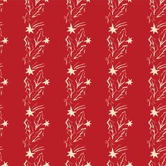 Seamless festive holly pattern with falling stars on red background perfect for Christmas wrapping textiles and cards