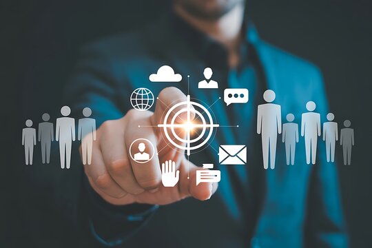 Target Audience and Digital Outreach Strategy Concept. Businessperson points at virtual interface with people icons and marketing symbols, representing audience targeting and global digital strategy.