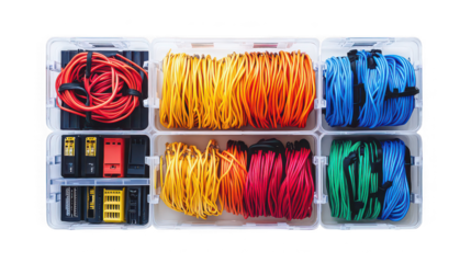 Assortment of colorful electrical wires and connectors organized in a clear plastic container box set
