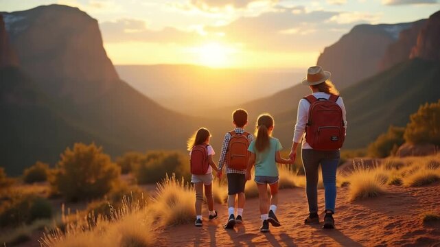 A vibrant capture of memorable family trip experiences, highlighting a family engaging in travel games while exploring a national park, composition allowing space for text integration.