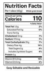 Nutrition facts label for whole grain bread slice vector illustration on transparent background