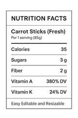Nutrition facts label for carrot sticks fresh vector illustration on transparent background