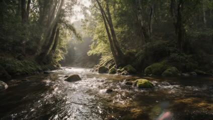 Obraz premium Sunlight Beams Through Lush Forest Over a Serene River.