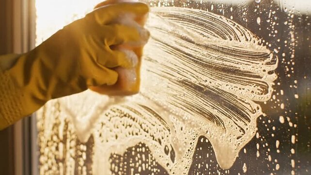 Person washing window with soapy foam using sponge with yellow rubber glove daylight close up