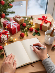 Woman writing christmas gift list in cozy home