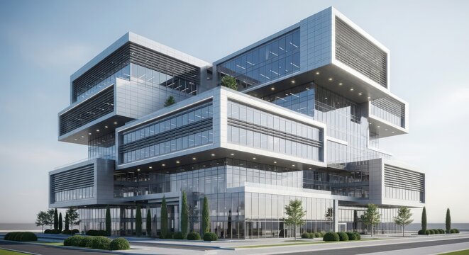 Modern architectural design of a multi-story office building featuring cantilevered sections and extensive glazing showcasing contemporary urban aesthetics - Powered by Adobe