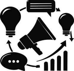 Marketing and advertising silhouette icon set with megaphone, lightbulb, message bubble, and graph arrow