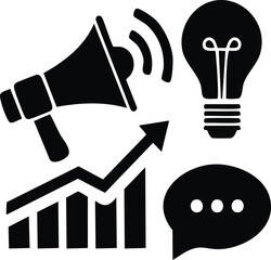Marketing and advertising silhouette icon set with megaphone, lightbulb, message bubble, and graph arrow