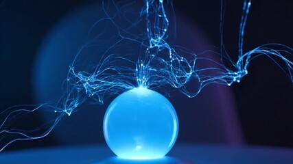 Glowing blue sphere with radiating energy threads against a dark, blurred background - Powered by Adobe