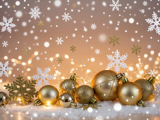 Gold christmas ornaments with snowflakes and festive lights
