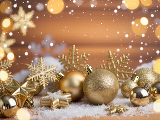 Golden christmas ornaments with snowflakes and festive bokeh lights