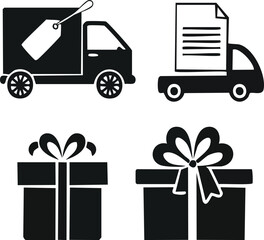 Online store promotion silhouettes with discount tag, gift box, delivery truck, and receipt vector icons