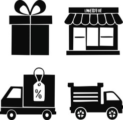 Online store promotion silhouettes with discount tag, gift box, delivery truck, and receipt vector icons