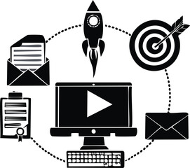 Digital marketing silhouette set with email, analytics chart, target, funnel, and laptop in flat black style