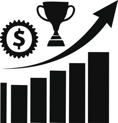 Corporate success silhouette icons with trophy, upward arrow, medal, and rising chart, motivation theme