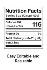 Nutrition facts label for cooked lentils food vector illustration on transparent background