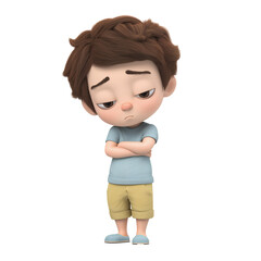 Sad 3D Cartoon Boy with Arms Crossed and Downcast Eyes