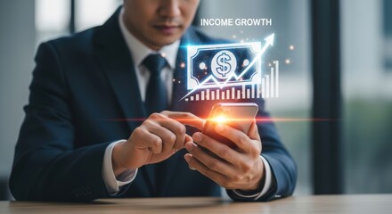 Asian businessman using smartphone with glowing digital income growth graph and dollar icon