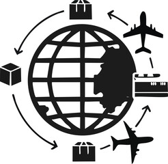 Global business silhouette pack with globe, airplane, shipping box, and communication network icons