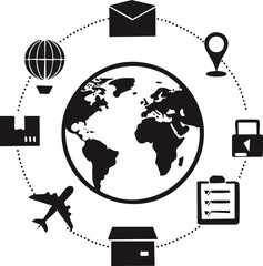 Global business silhouette pack with globe, airplane, shipping box, and communication network icons