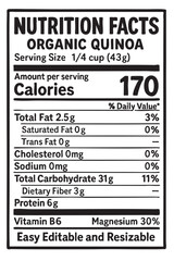 Organic quinoa nutrition facts label close up vector illustration on transparent background