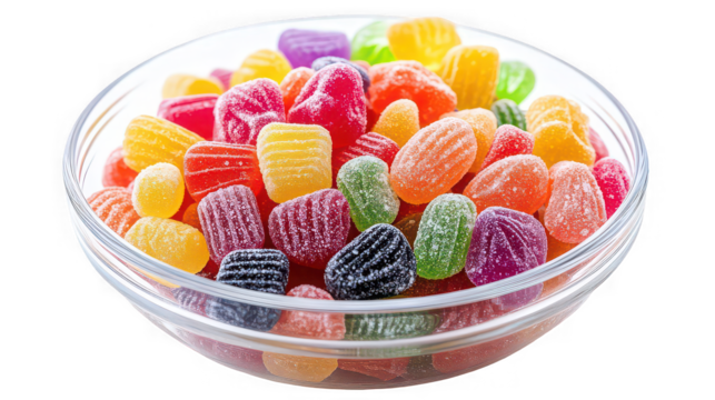 A clear glass bowl filled with an assortment of colorful hard candies in various shapes and sizes