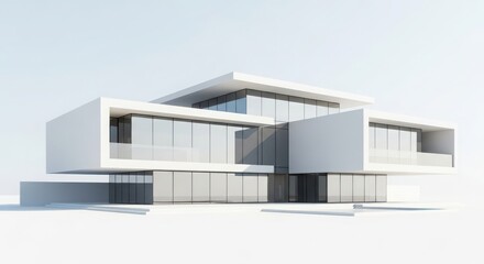 Modern architectural design rendering of a sleek white luxury home with large glass windows and geometric shapes