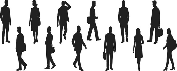 Business people silhouettes walking, corporate teamwork concept, office professionals illustration, group of workers commuting, urban lifestyle design, company success teamwork