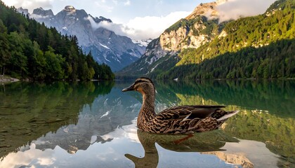 A serene duck floats in a lake reflecting mountains and trees