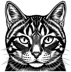 A detailed black and white ink drawing of a tabby cats face, showcasing its distinctive markings and expressive eyes
