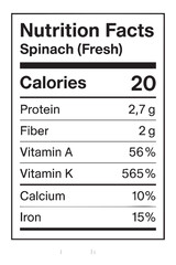 Nutrition facts label for fresh spinach item vector illustration on transparent background