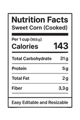 Nutrition facts label for sweet corn cooked vector illustration on transparent background