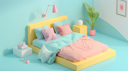 3d Isometric Bedroom bed pillows blanket cozy