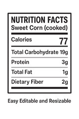 Nutrition facts label for sweet corn cooked vector illustration on transparent background