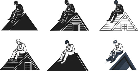 Construction worker sitting on roof, thoughtful builder silhouette, roofing repair professional, architecture maintenance concept, roofer resting during work, safety illustration design