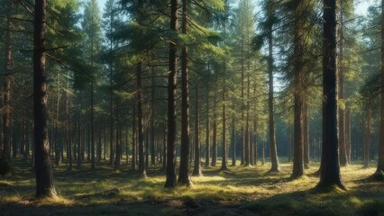 Obraz premium Sunlight filters through a dense coniferous forest