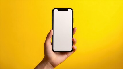 Hand Holding Smartphone Displaying Empty Screen Against Bright Yellow Background