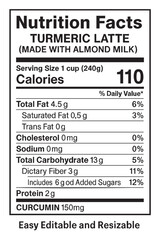 Nutrition facts label for turmeric latte drink vector illustration on transparent background