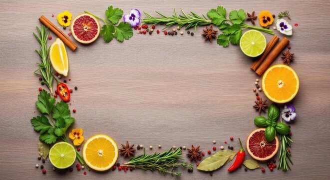 A colorful frame of herbs, spices, and citrus fruits on a wooden surface.
