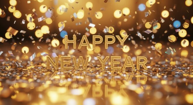 Golden confetti and glitter falling on a black background with the word 'HAPPY NEW YEAR' in gold letters.