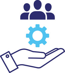 Team support icon, gear symbol, hand gesture, business teamwork, operational service, human resources, minimalist vector, blue color concept