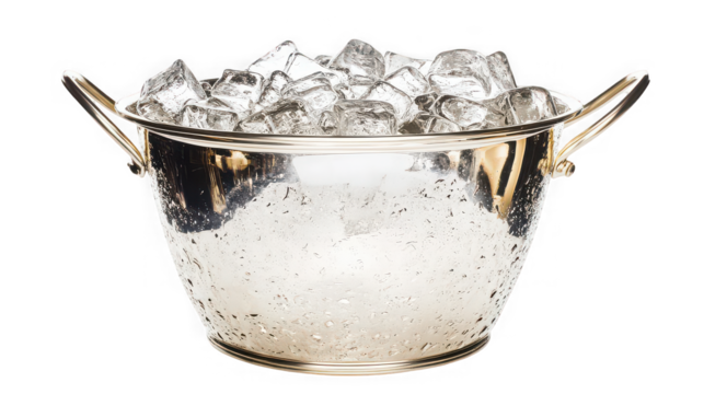 A silver ice bucket filled with ice cubes and with handles on both sides against a black background