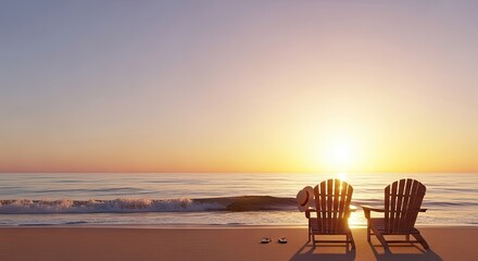 Two wooden deck chairs on a sandy beach with a sunset in the background.